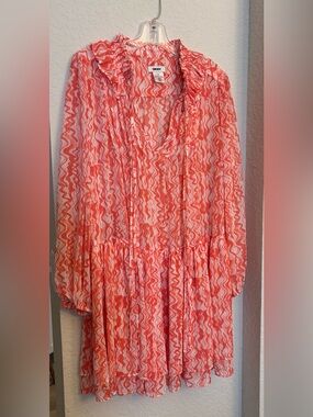 DKNY Coral-Pink Wave Print Long-Sleeve Tiered Dress